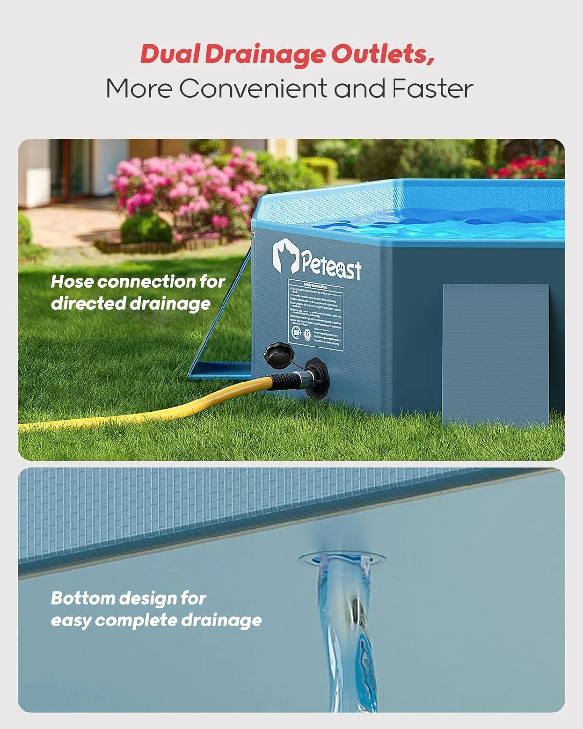 Peteast Foldable Dog Pool with Sturdy Square Design, Durable 82" Lx46 Wx12 D Extra Large Portable Pet Bathtub with Reinforced Sidewalls for Stability, Ideal for Indoor & Outdoor Use (Blue&Dark Gray)