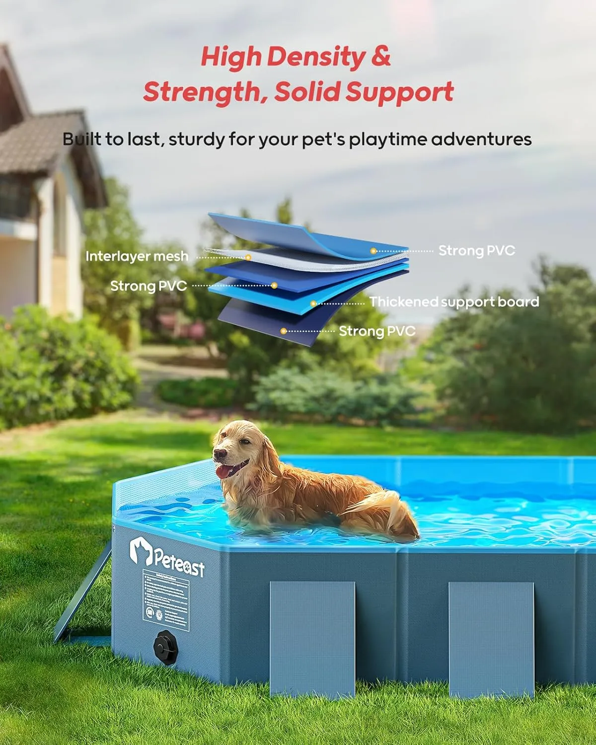Peteast Foldable Dog Pool with Sturdy Square Design, Durable 82" Lx46 Wx12 D Extra Large Portable Pet Bathtub with Reinforced Sidewalls for Stability, Ideal for Indoor & Outdoor Use (Blue&Dark Gray)