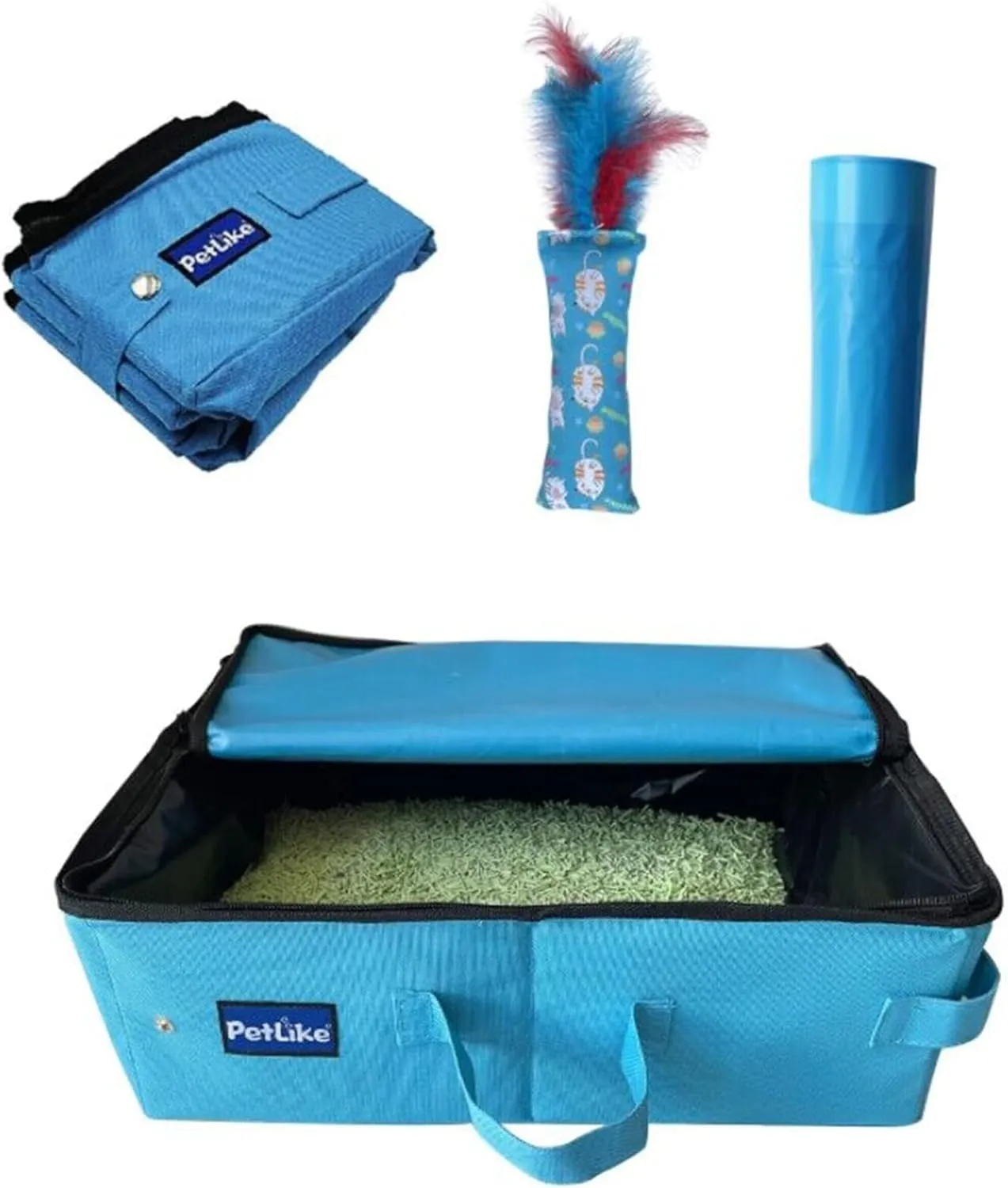 PetLike Travel Cat Litter Box, Leak-Proof Portable Litter Box, Collapsible Toilet Tray Carrier for Small Medium Cats (Aqua Litter Box Liners, Medium)