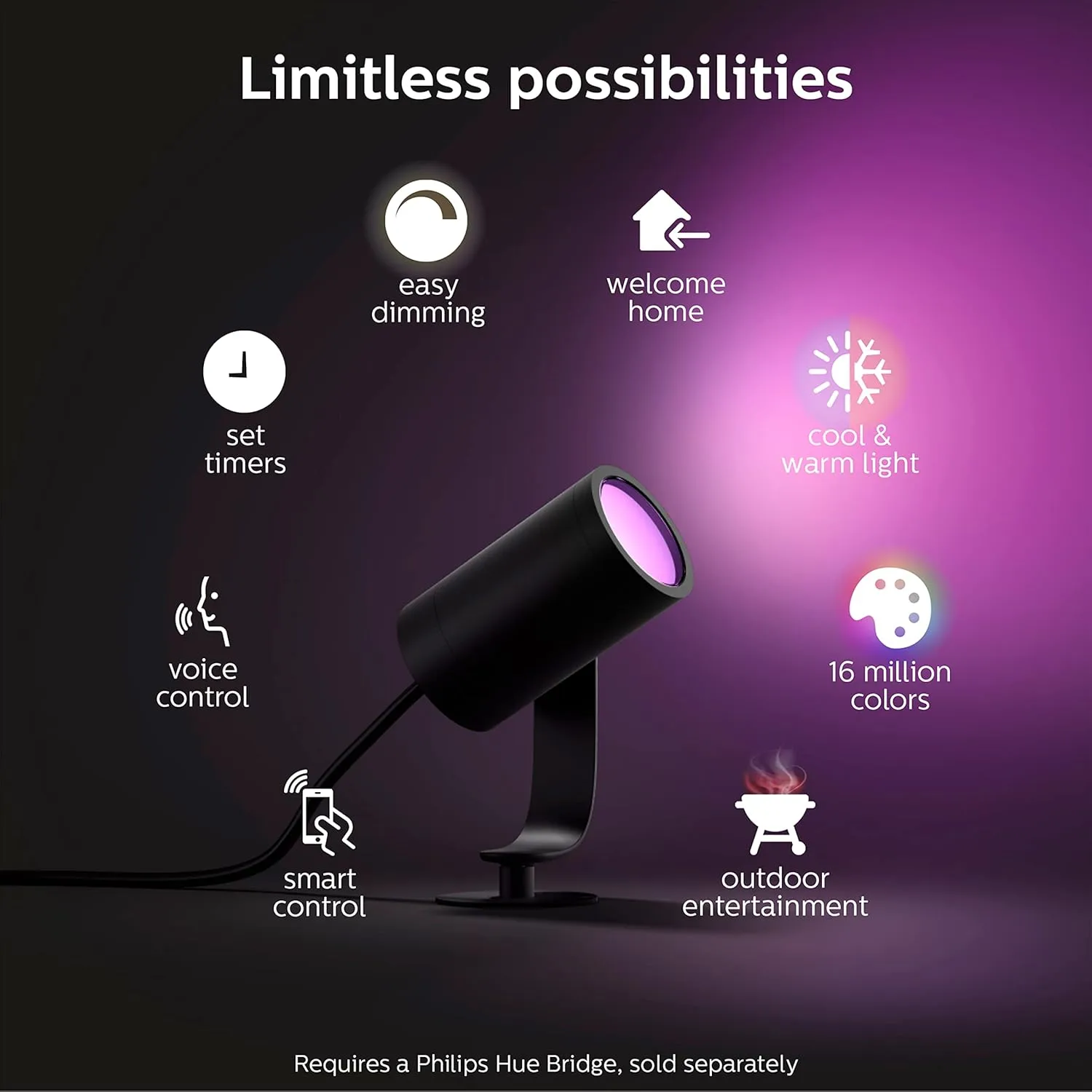 Philips Hue 100W Outdoor Power Supply, Weather Proof, Black & White and Color Ambiance Lily Outdoor Light Extension -1 Path Light & Mounting Kit - Requires Hue Bridge & Power Supply -Black