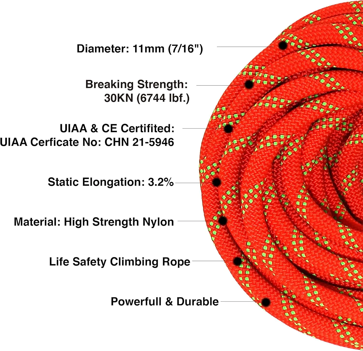 PHRIXUS Static Climbing Rope Safety Nylon Kernmantle Rope for Outdoor Indoor Climbing Rope Rappelling Equipment Rope Survival Cord UIAA Certified