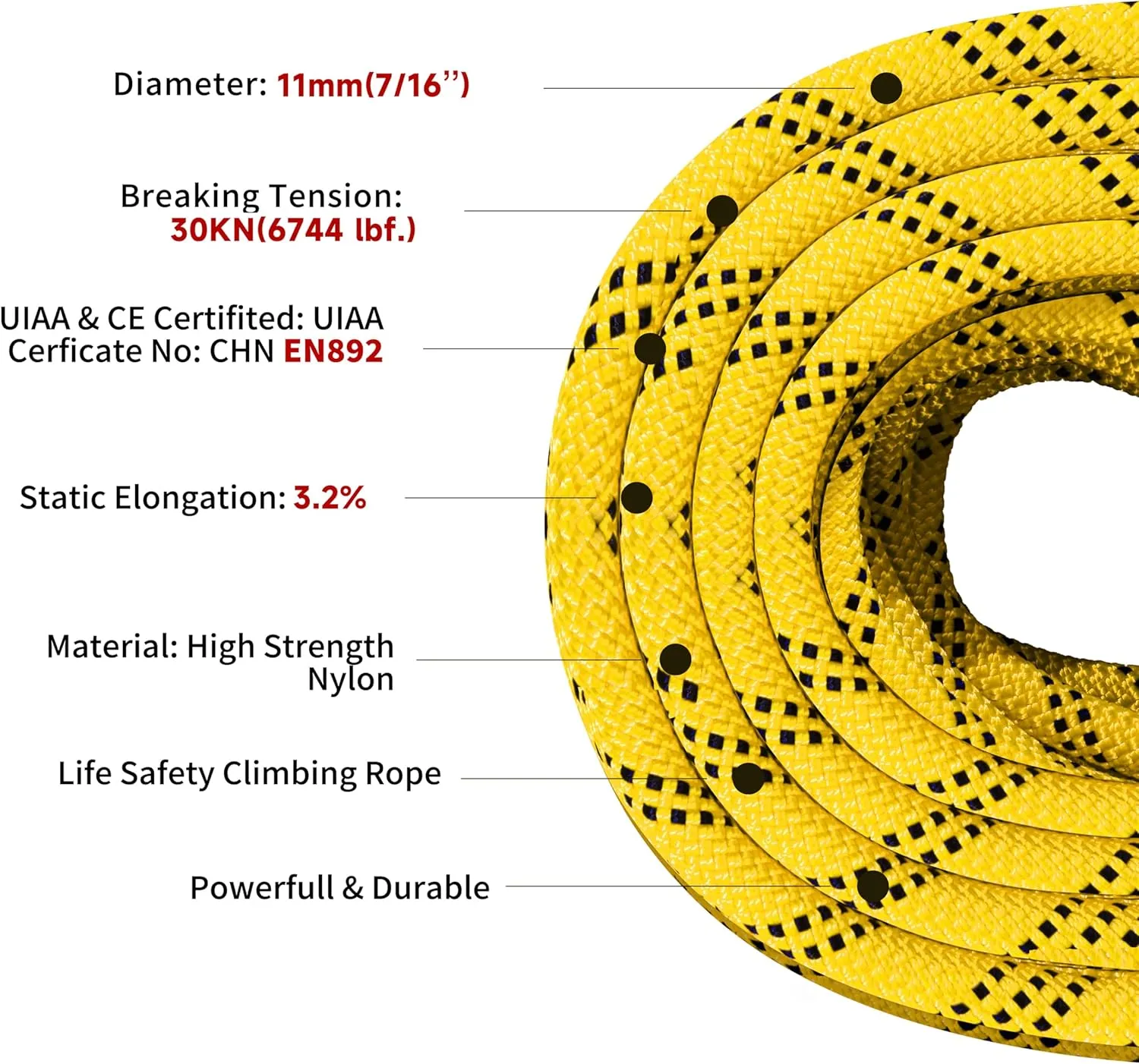 PHRIXUS Static Climbing Rope Safety Nylon Kernmantle Rope for Outdoor Indoor Climbing Rope Rappelling Equipment Rope Survival Cord UIAA Certified