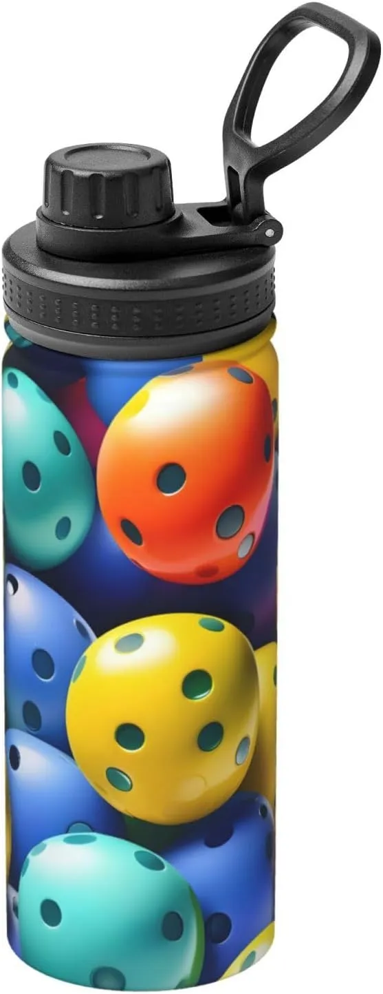 Pickleball Balls Colors Pattern Sports Insulated Water Bottle - Premium 18 oz. Stainless Steel Hydration Bottle for Outdoor Enthusiasts