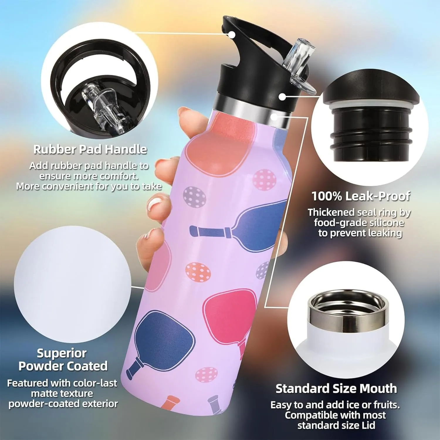 Pickleball Gifts,Pickle Water Bottle with Straw Lid Insulated Stainless Steel Travel Mugs for Sport Gym Outdoor 20oz