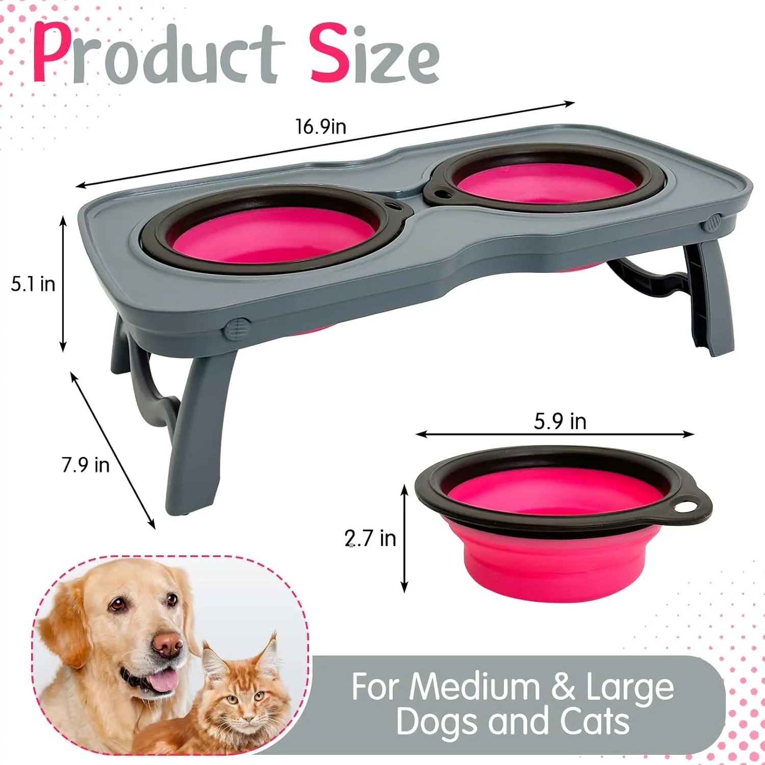 PINVNBY Elevated Dog Bowls Portable Raised Dog Bowl Stand with 2 Collapsible Silicone Food Bowl Non-Slip Travel Bowls for Medium & Large Dogs and Cats (16.9" L x 7.9" W x 5.1" H)