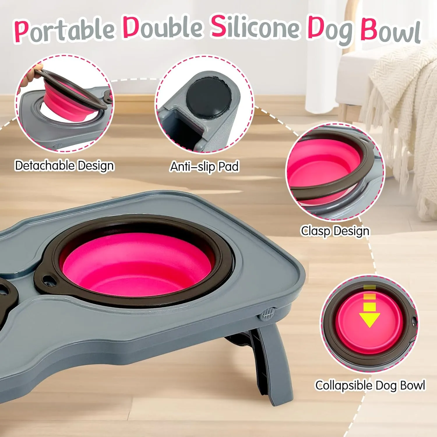 PINVNBY Elevated Dog Bowls Portable Raised Dog Bowl Stand with 2 Collapsible Silicone Food Bowl Non-Slip Travel Bowls for Medium & Large Dogs and Cats (16.9" L x 7.9" W x 5.1" H)