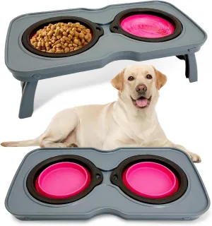 PINVNBY Elevated Dog Bowls Portable Raised Dog Bowl Stand with 2 Collapsible Silicone Food Bowl Non-Slip Travel Bowls for Medium & Large Dogs and Cats (16.9" L x 7.9" W x 5.1" H)