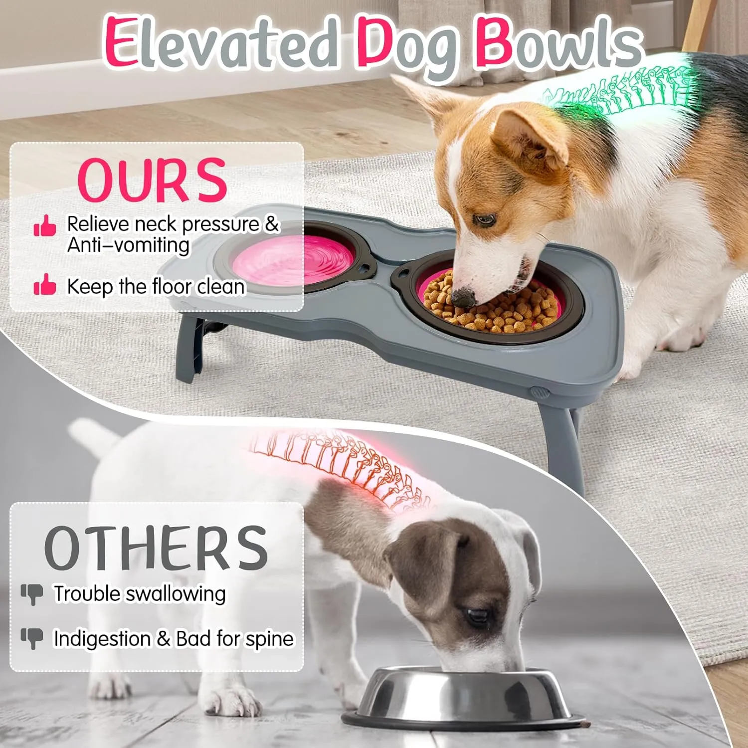 PINVNBY Elevated Dog Bowls Portable Raised Dog Bowl Stand with 2 Collapsible Silicone Food Bowl Non-Slip Travel Bowls for Medium & Large Dogs and Cats (16.9" L x 7.9" W x 5.1" H)