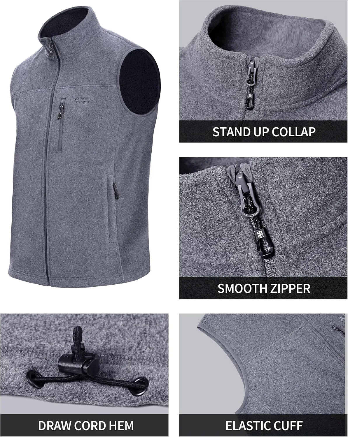 Pioneer Camp Men's Full-Zip Polar Fleece Vest Casual Lightweight Sleeveless Outerwear with 5 Pockets Soft Warm Winter Jacket