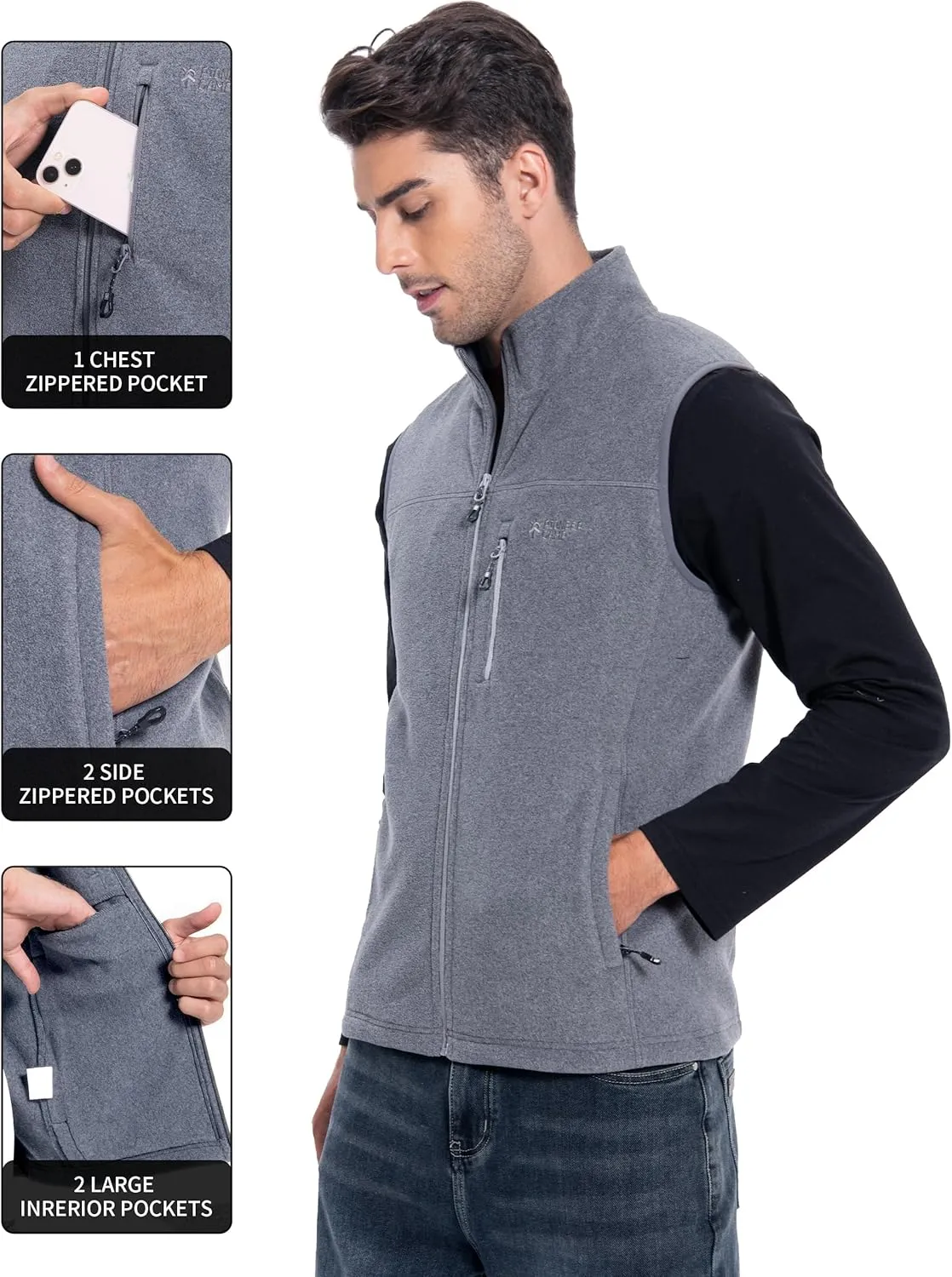 Pioneer Camp Men's Full-Zip Polar Fleece Vest Casual Lightweight Sleeveless Outerwear with 5 Pockets Soft Warm Winter Jacket