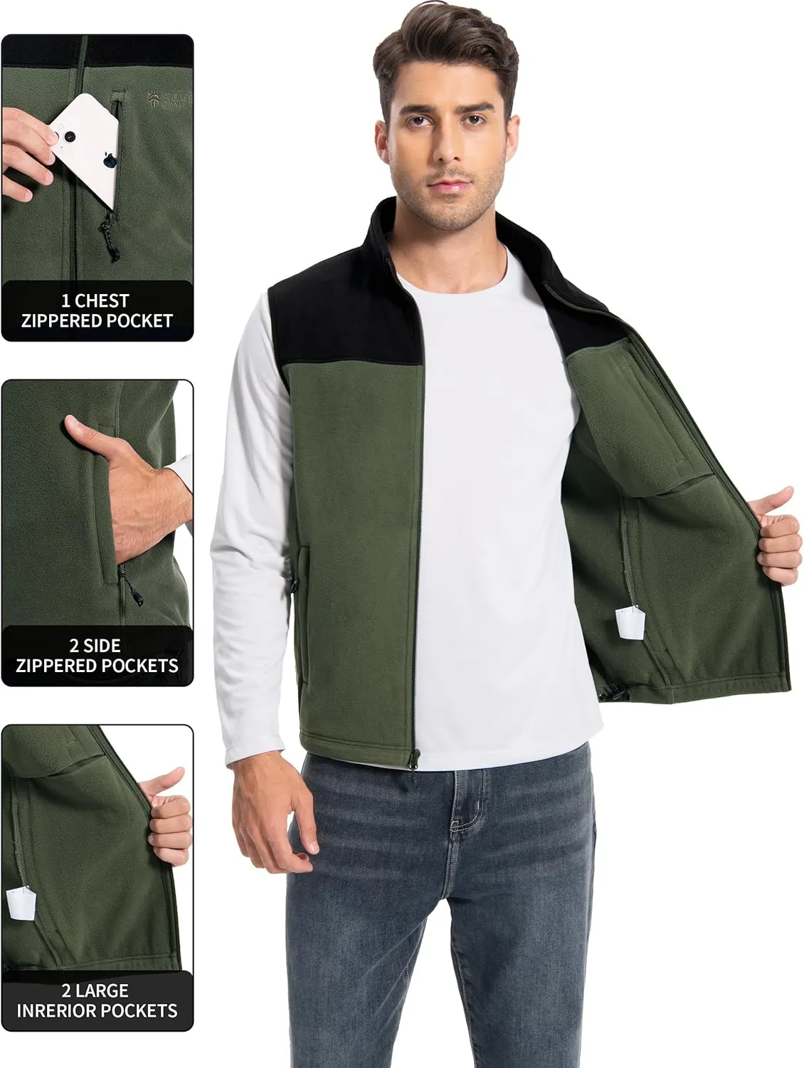 Pioneer Camp Men's Full-Zip Polar Fleece Vest Casual Lightweight Sleeveless Outerwear with 5 Pockets Soft Warm Winter Jacket