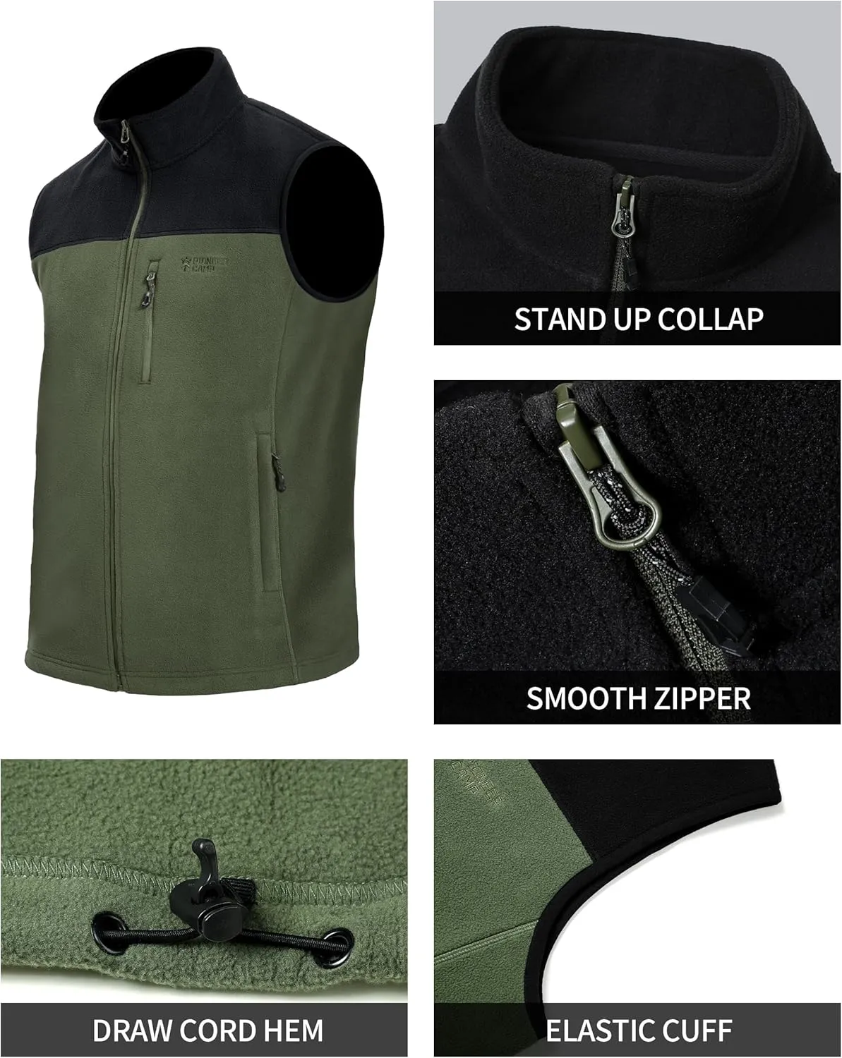 Pioneer Camp Men's Full-Zip Polar Fleece Vest Casual Lightweight Sleeveless Outerwear with 5 Pockets Soft Warm Winter Jacket