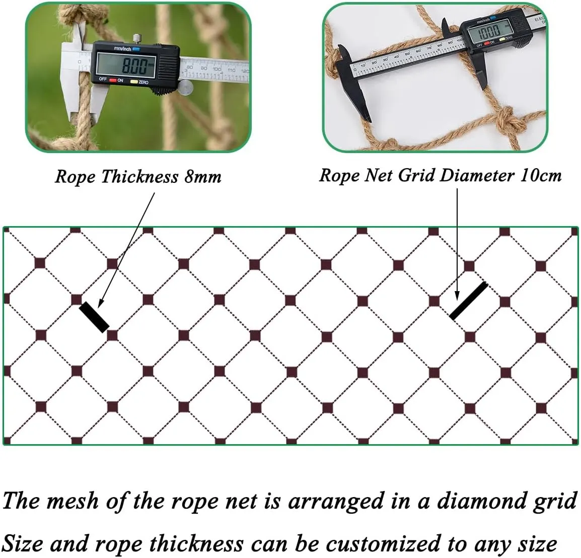 Playground Rope Net,8mm Thick Hemp Rope Net,Heavy Duty Cargo Net Diamond Grid ,Training Net for Kids Outdoor,Yard Frame Climbing Net, Treehouse Rope Ladder,Safety Rope Net for Kids(Size:2.5mx7m)