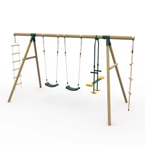 Plum® Triple Wooden Swing Set with Glider   Rope Ladder -Orang-Utan™