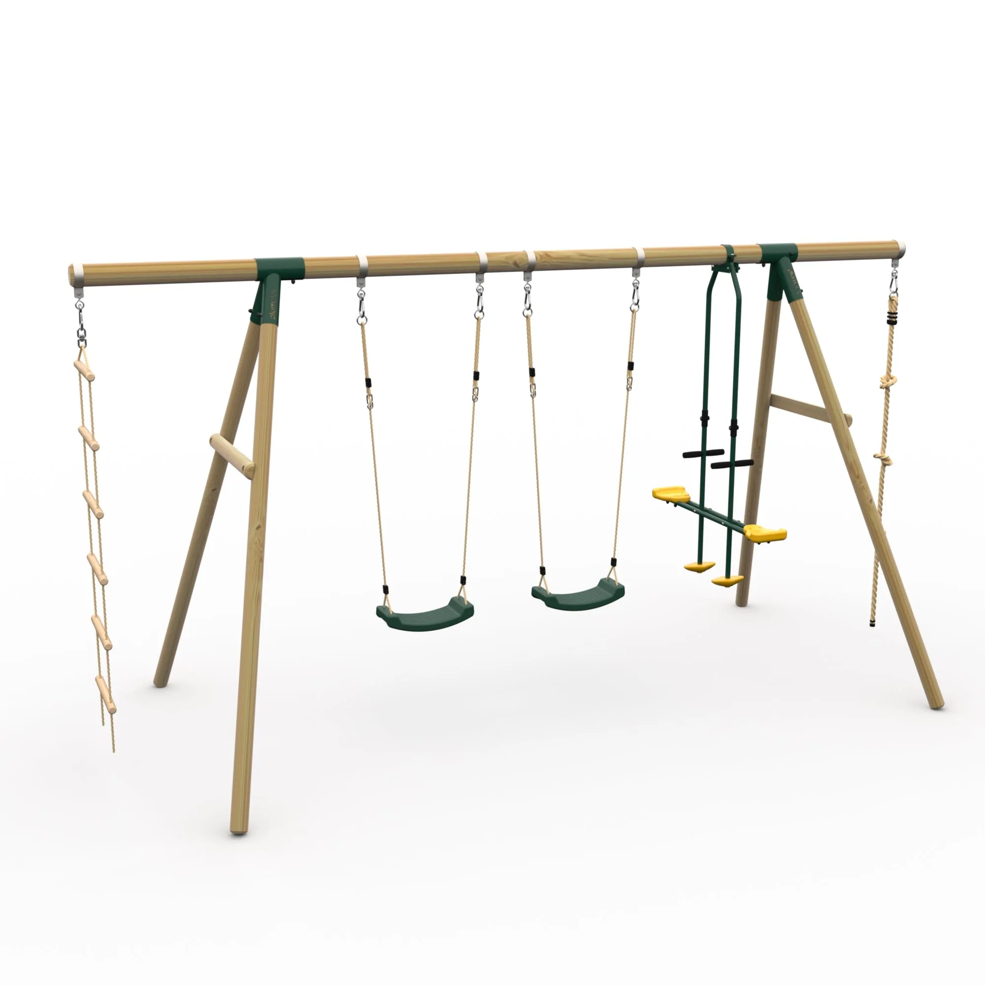 Plum® Triple Wooden Swing Set with Glider   Rope Ladder -Orang-Utan™