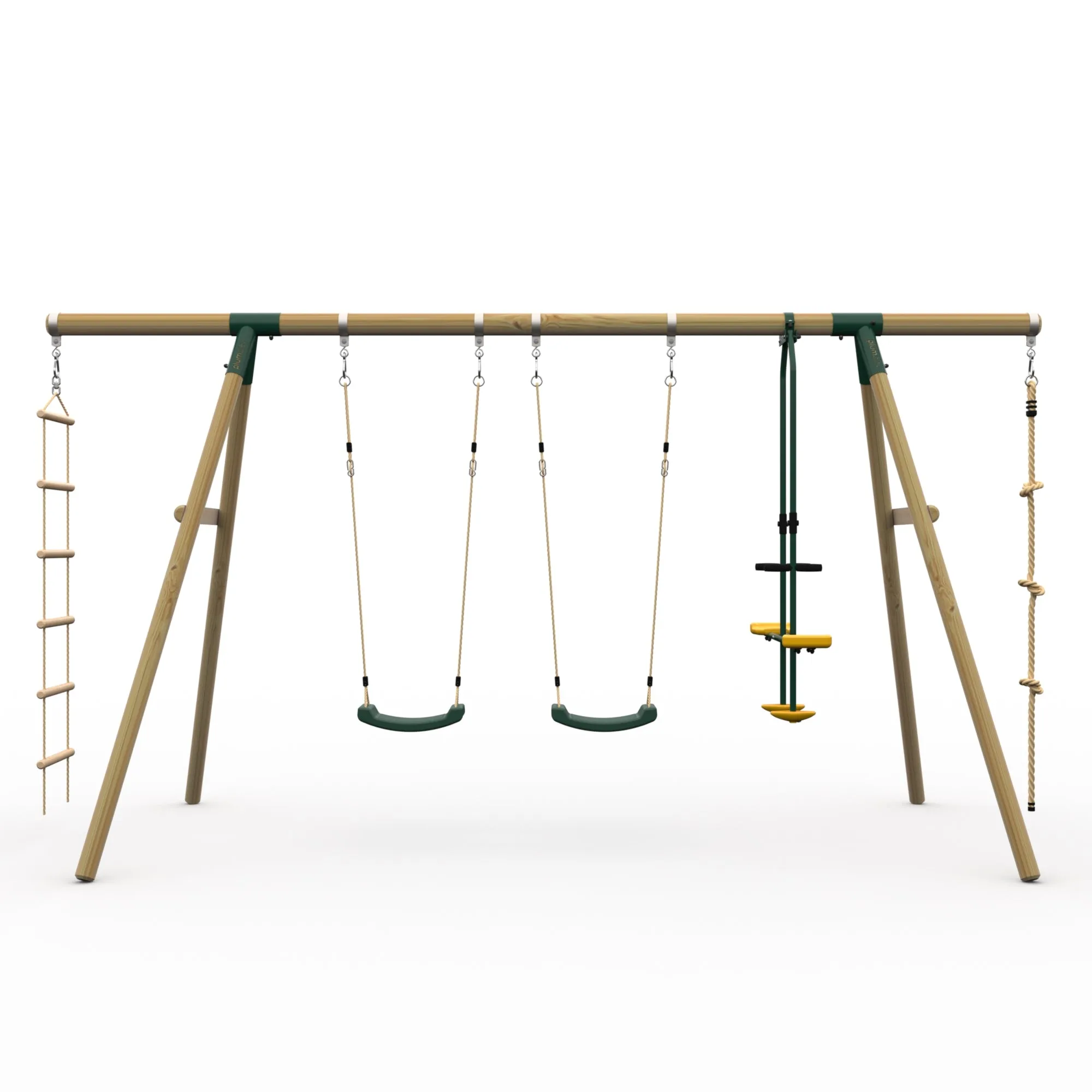 Plum® Triple Wooden Swing Set with Glider   Rope Ladder -Orang-Utan™