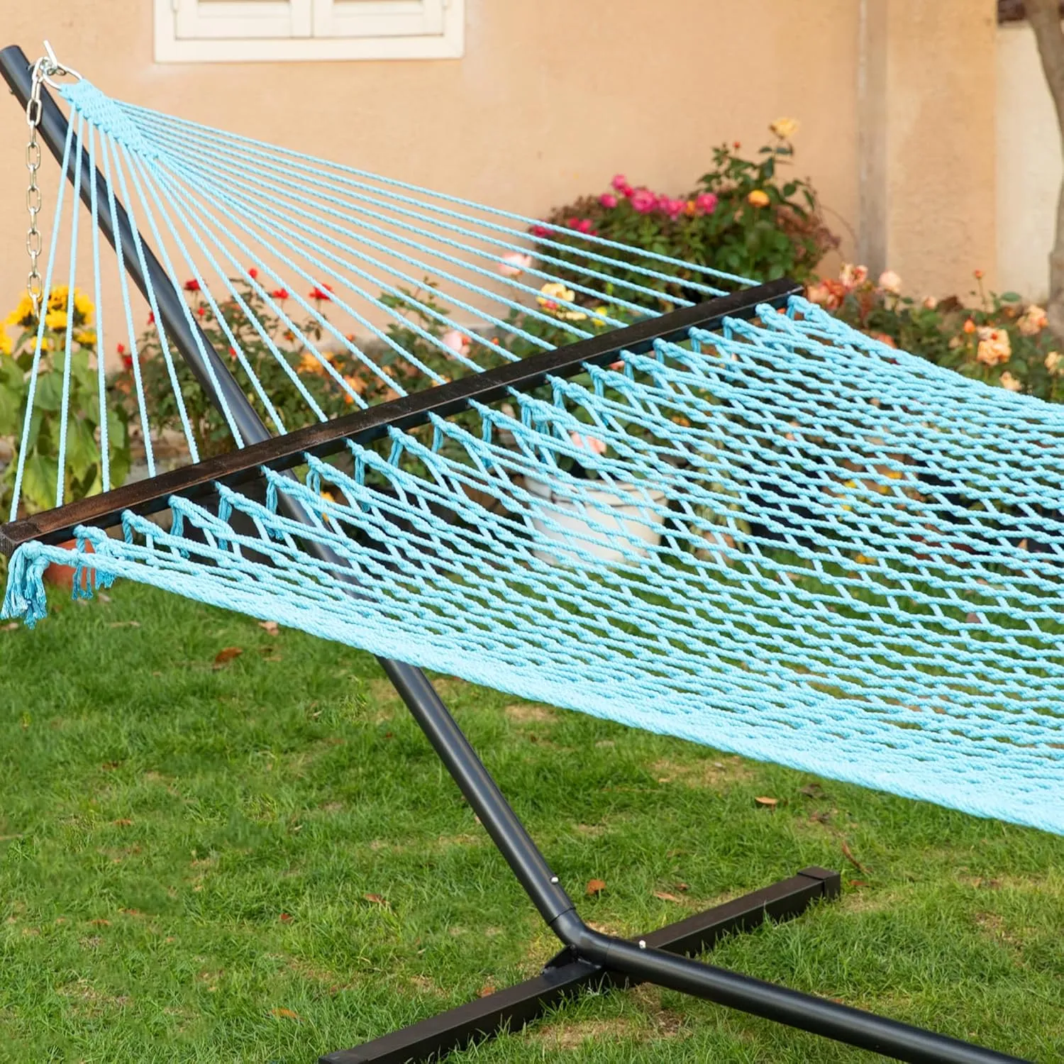 PNAEUT Double Hammock with Stand for Outside, Rope Hammocks with Hardwood Spreader Bar 2 Person, 12ft Heavy Duty Stand, Extra Pillow, Max 475 lbs Capacity (Aqua Blue)