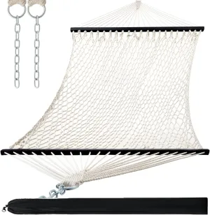 PNAEUT Double Hammocks for Outside, 13ft Traditional Rope Hammock for 2 Person with Hardwood Spreader Bar and Carrying Bag, 475 lbs Capacity (Beige)