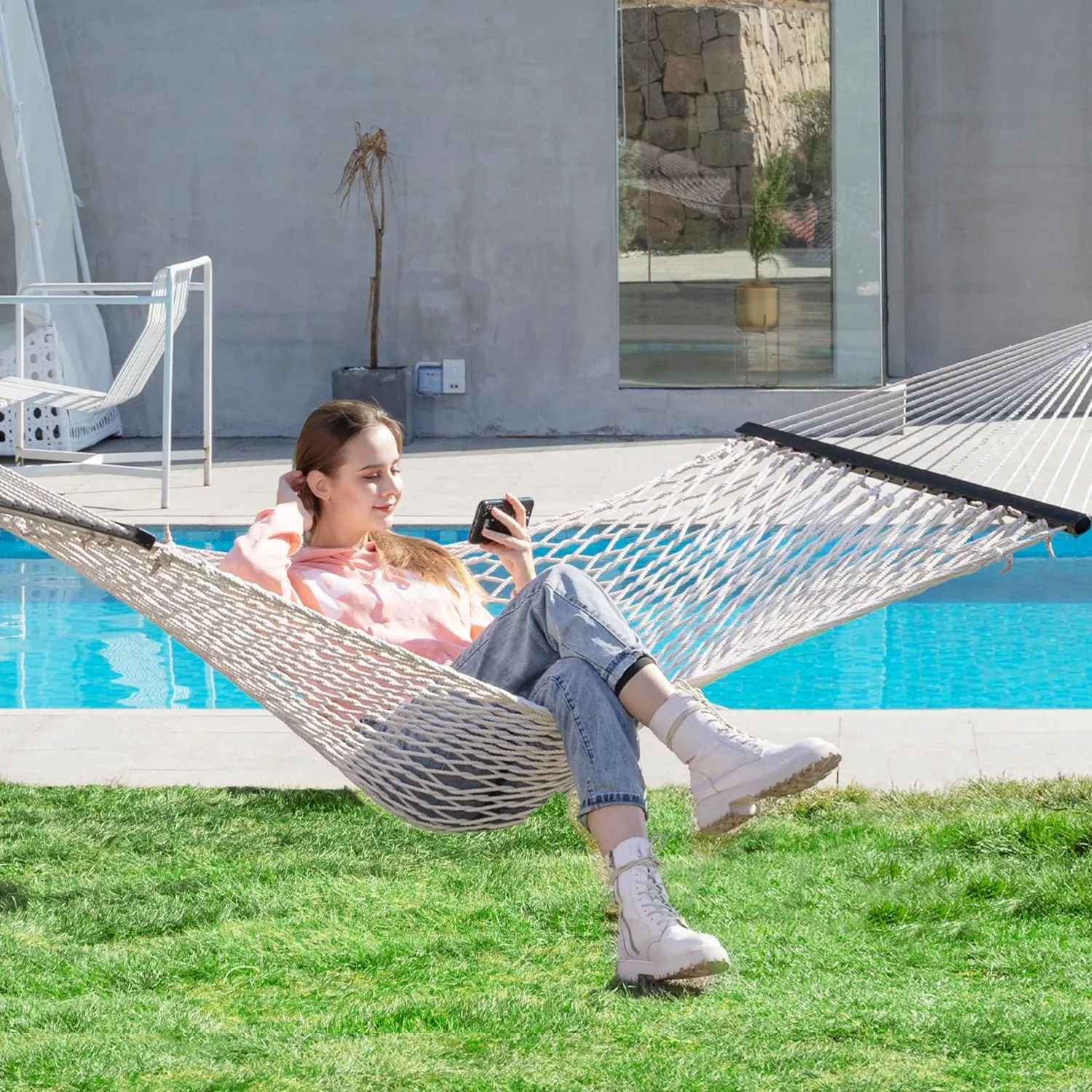 PNAEUT Double Hammocks for Outside, 13ft Traditional Rope Hammock for 2 Person with Hardwood Spreader Bar and Carrying Bag, 475 lbs Capacity (Beige)