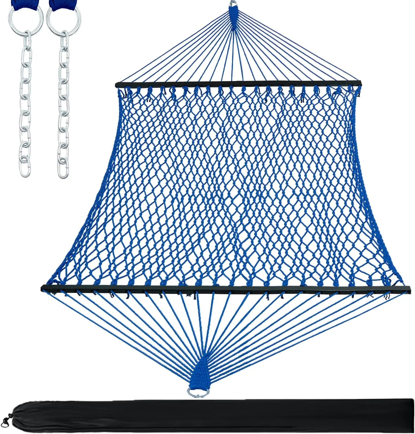 PNAEUT Double Hammocks for Outside, 13ft Traditional Rope Hammock with Hardwood Spreader Bar and Carrying Bag, 475 lbs Capacity (Blue)