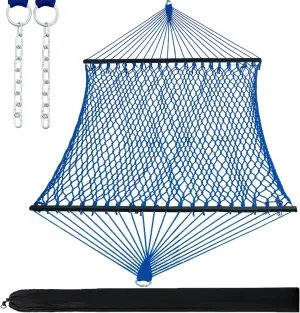 PNAEUT Double Hammocks for Outside, 13ft Traditional Rope Hammock with Hardwood Spreader Bar and Carrying Bag, 475 lbs Capacity (Blue)