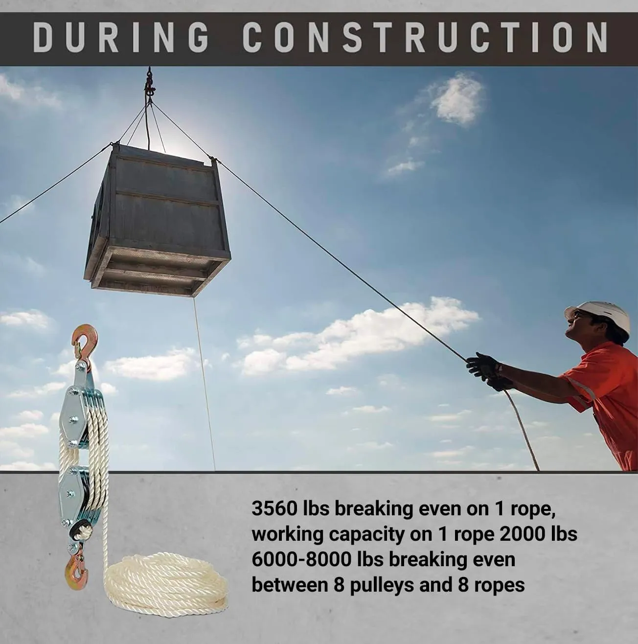 Poly Rope Hoist Pulley Block, 6000-8000 LB 2 Ton 65 Feet of 3/8 “, 7:1 Lifting Power, Pulley Hoist for Lift Furniture, Motorcycles, Bicycles