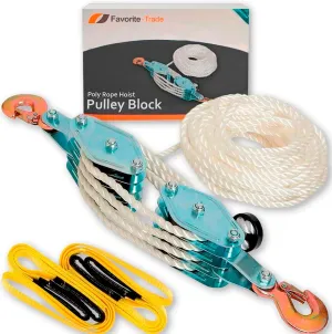Poly Rope Hoist Pulley Block, 6000-8000 LB 2 Ton 65 Feet of 3/8 “, 7:1 Lifting Power, Pulley Hoist for Lift Furniture, Motorcycles, Bicycles