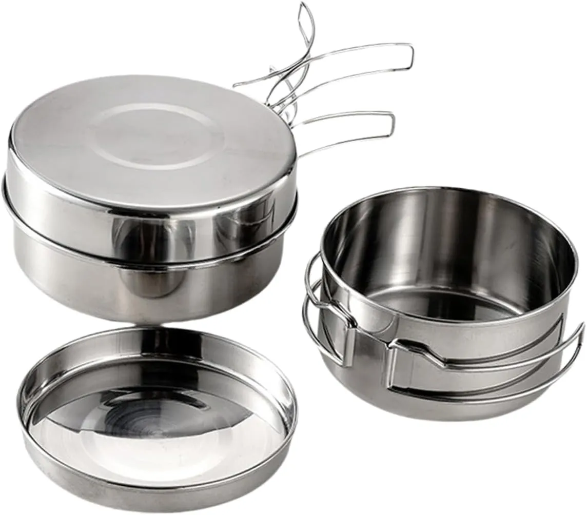 POPETPOP -in-one Camping Cookware Set Easy to Clean Stainless Steel Pot Pan for Outdoor Cooking