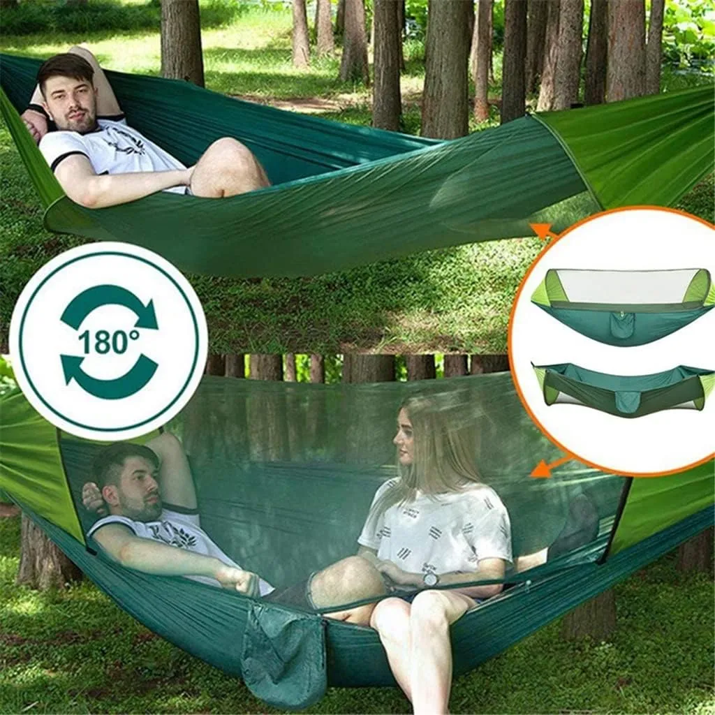 Portable Automatic Camping Hammock with Mosquito Net,Folding Multi Use Hammock Swing for Outdoor Camping (Color : Vert) (White Style)