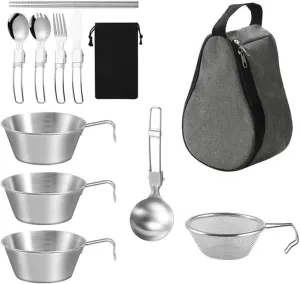 portable bowl hiking bowl backpacking bowl camping bowl camping cookware outdoor cookware stainless steel bowl Outdoor Cookware Set 500ml Stainless Steel Camping Bowl with Strainer Ladle Soup
