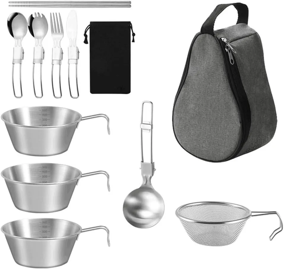 portable bowl hiking bowl backpacking bowl camping bowl camping cookware outdoor cookware stainless steel bowl Outdoor Cookware Set 500ml Stainless Steel Camping Bowl with Strainer Ladle Soup
