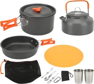 Portable Camping Cookware Mess Kit, Lightweight and Compact for Backpacking, with Folding Cutlery Set, Non Stick Pots Pans Teapot, Easy to Carry and Store, Hard Oxidized Aluminum