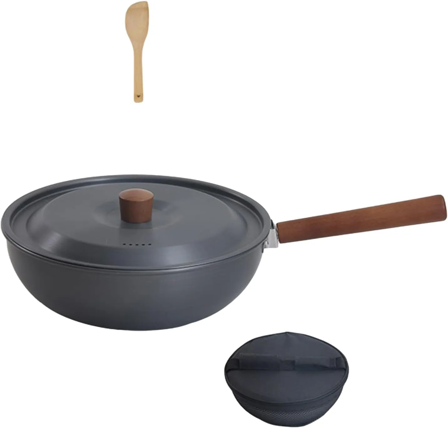 Portable Camping Picnics Pots Outdoor Aluminum Alloys Frying Pan Wood Handle Wok Cookware Light Weight Nonstick Frying Pan