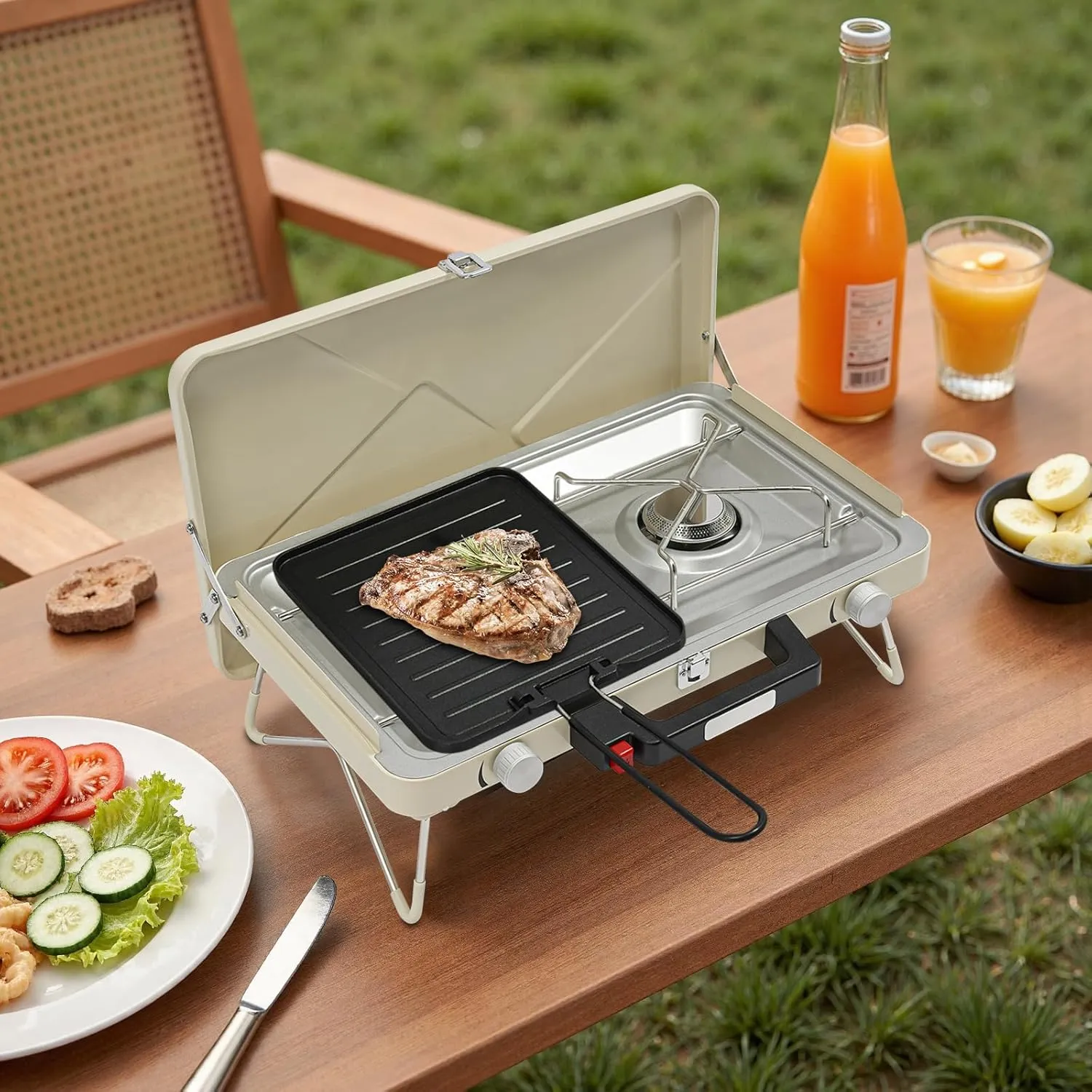 Portable Camping Stove with Non-stick Frying Pan,3500W 2-Burner Outdoor Stove with Folding Legs and Wind Guard,for Backyard BBQs Outdoor Cooking (Beige)