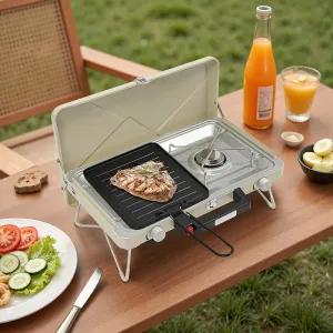 Portable Camping Stove with Non-stick Frying Pan,3500W 2-Burner Outdoor Stove with Folding Legs and Wind Guard,for Backyard BBQs Outdoor Cooking (Beige)