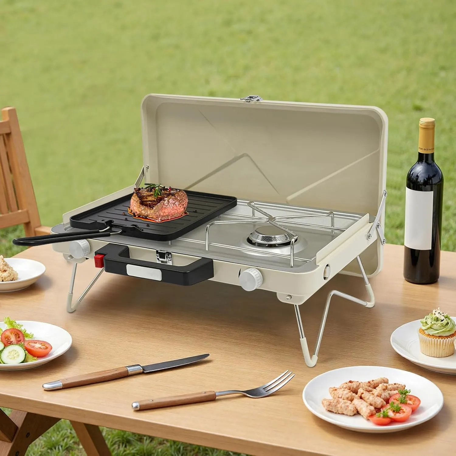 Portable Camping Stove with Non-stick Frying Pan,3500W 2-Burner Outdoor Stove with Folding Legs and Wind Guard,for Backyard BBQs Outdoor Cooking (Beige)
