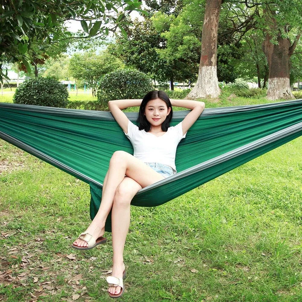 Portable Camping Travel Double Hammock Hanging Bed with Tree Strap, Lightweight Nylon Taffeta, Strong 200kg Capacity, Installation, Comfortable and Relaxing for Outdoors (Grey Ink Green)