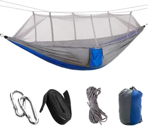 Portable Camping Travel Hammock Hanging Bed with Net Breathable Parachute Nylon for Relaxing Outdoor Experience (Grey and Blue)