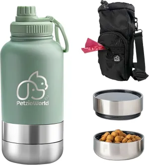 Portable Dog Water Bottle & Collapsible Bowl Set – No-Spill Travel Kit for Food & Water – Magnetic Smartphone Holder Lid – Outdoor Essentials for Dogs & Puppies (Green)