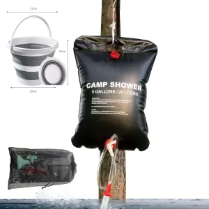 Portable Shower for Camping, Outdoor Camping Shower Bag 5 Gallon/20L, Waterproof Shower Bag with Collapsible Water Bucket, Shower Kit for Hiking, Car Travel, Picnic, Climb, Beach Trips