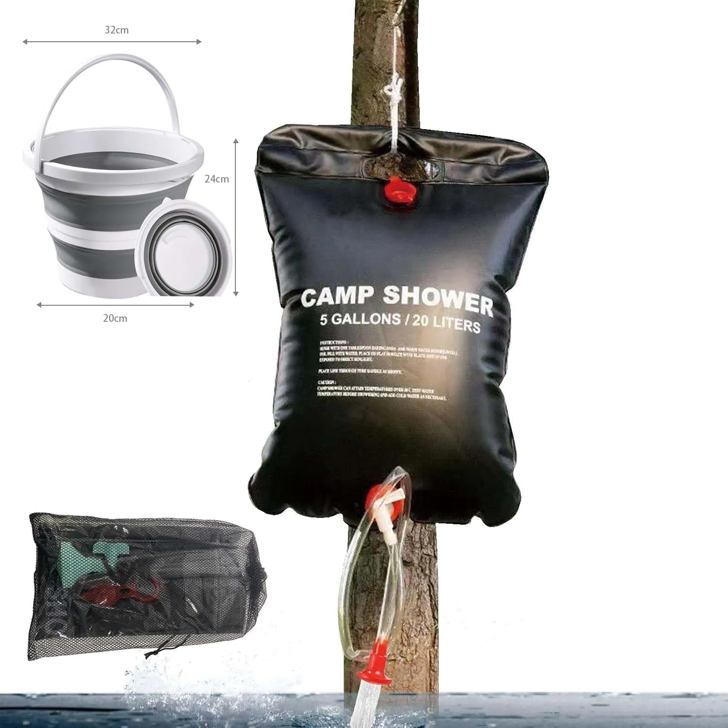 Portable Shower for Camping, Outdoor Camping Shower Bag 5 Gallon/20L, Waterproof Shower Bag with Collapsible Water Bucket, Shower Kit for Hiking, Car Travel, Picnic, Climb, Beach Trips