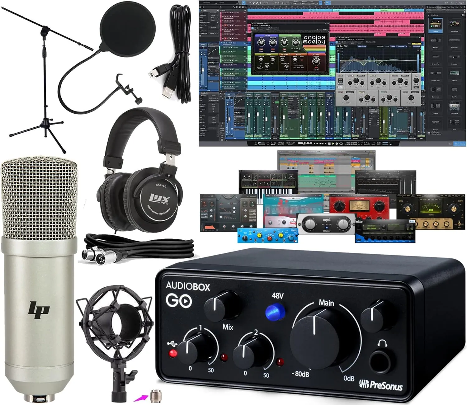 Presonus AudioBox GO Mobile 2x2 USB Audio Recording Interface for USB with Studio One Artist Software Pack and LyxPro Condenser Microphone Kit