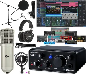 Presonus AudioBox GO Mobile 2x2 USB Audio Recording Interface for USB with Studio One Artist Software Pack and LyxPro Condenser Microphone Kit