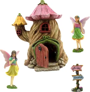 PRETMANNS Fairy Garden House Kit - Colorful Accessories, 7" House with Door That Opens & Figurines & Sign for an Indoor Outdoor Miniature Garden – 4 Hand-Painted Resin Pieces