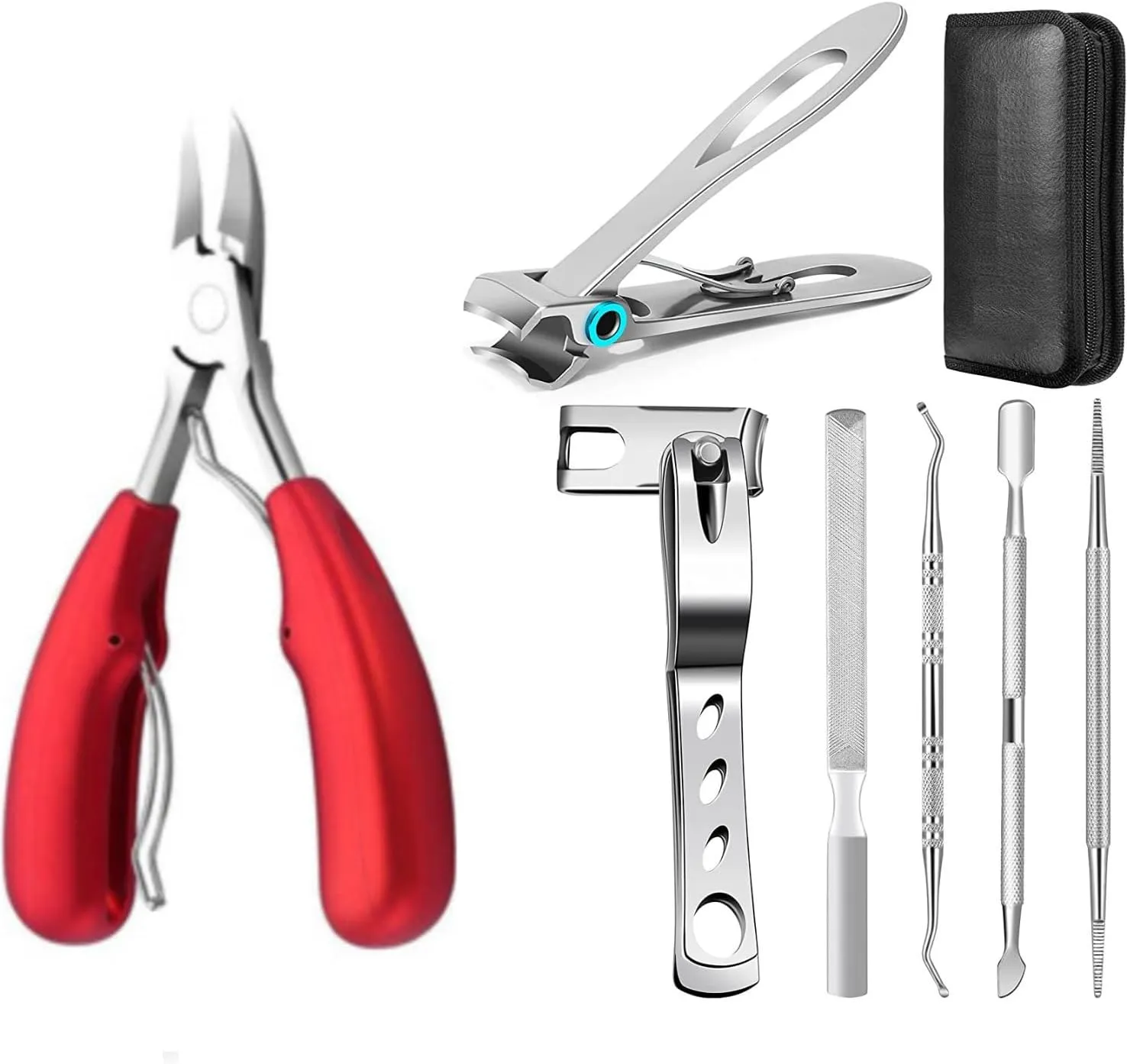 Professional Ingrown Toenail Clipper Kit, 7-in-1 Set with Storage Case, Nail File, Lifter and Tools (Black Olecranon Pliers 7-Piece Set - Leather Packaging)