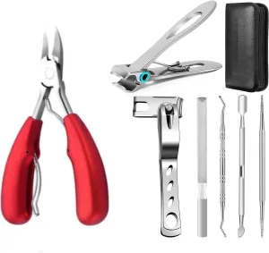 Professional Ingrown Toenail Clipper Kit, 7-in-1 Set with Storage Case, Nail File, Lifter and Tools (Black Olecranon Pliers 7-Piece Set - Leather Packaging)