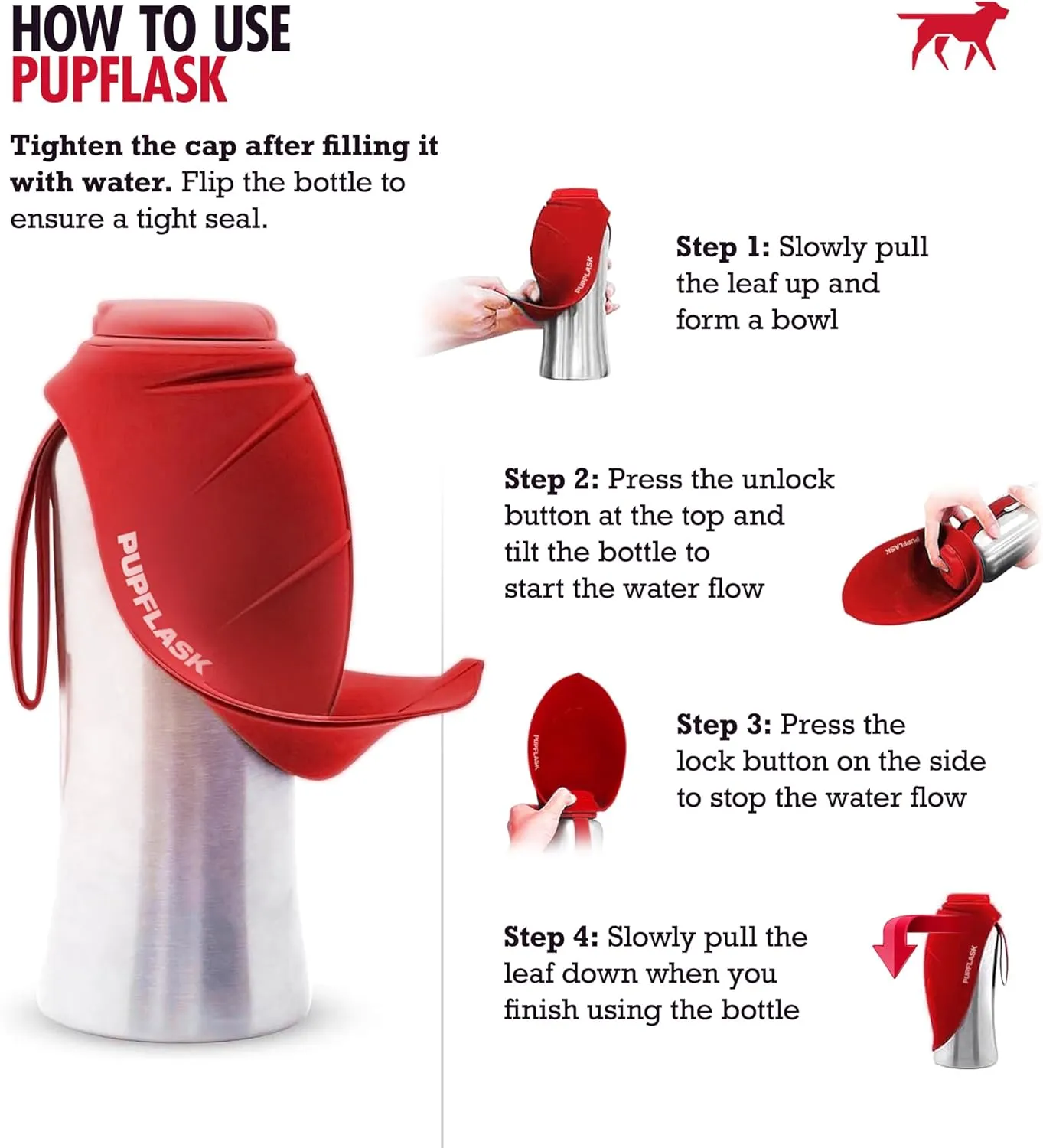 PupFlask Large Dog Water Bottle | 27 or 40 OZ Stainless Steel | Convenient Dog Drink Dispenser | Puppy Travel Water Bowl | Portable Pet Hydration Bottle | Leak Proof | Perfect Size For All Breeds