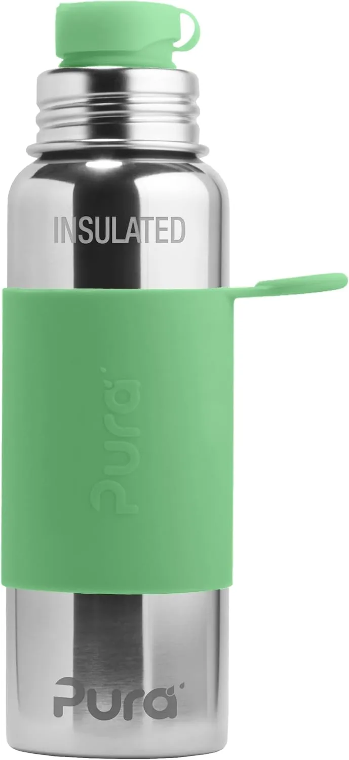 Pura Insulated Stainless Steel 22oz Sport Water Bottle | BPA Free & Plastic Free Silicone Sleeve & Spill Proof Lid for Kids & Adults - Moss