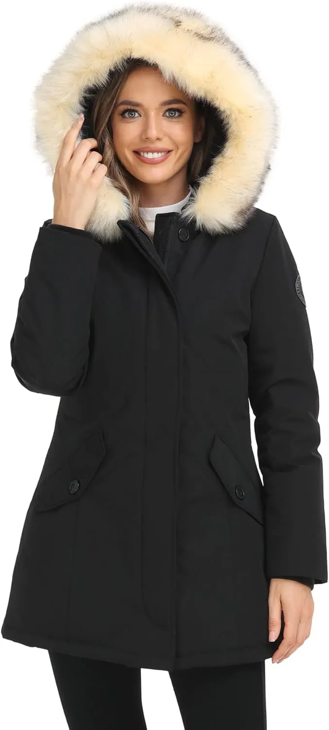 PUREMSX Duck Down Winter Coat for Women Insulated Long Thick Fur Hood Puffer Warm Parka Jacket
