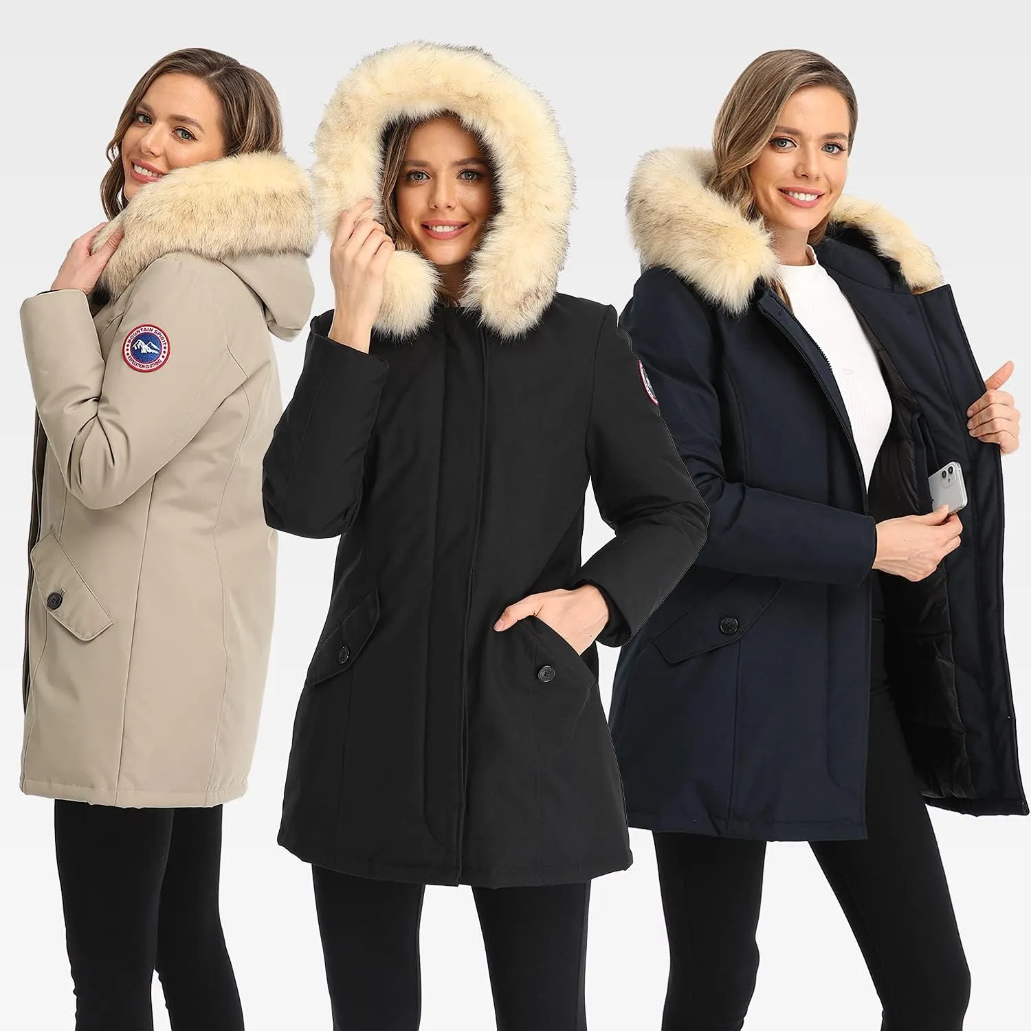 PUREMSX Duck Down Winter Coat for Women Insulated Long Thick Fur Hood Puffer Warm Parka Jacket